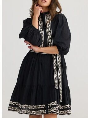 New! Talisman Cala Dress Black w/ Off White Embroidery Boho  **NO SASH**